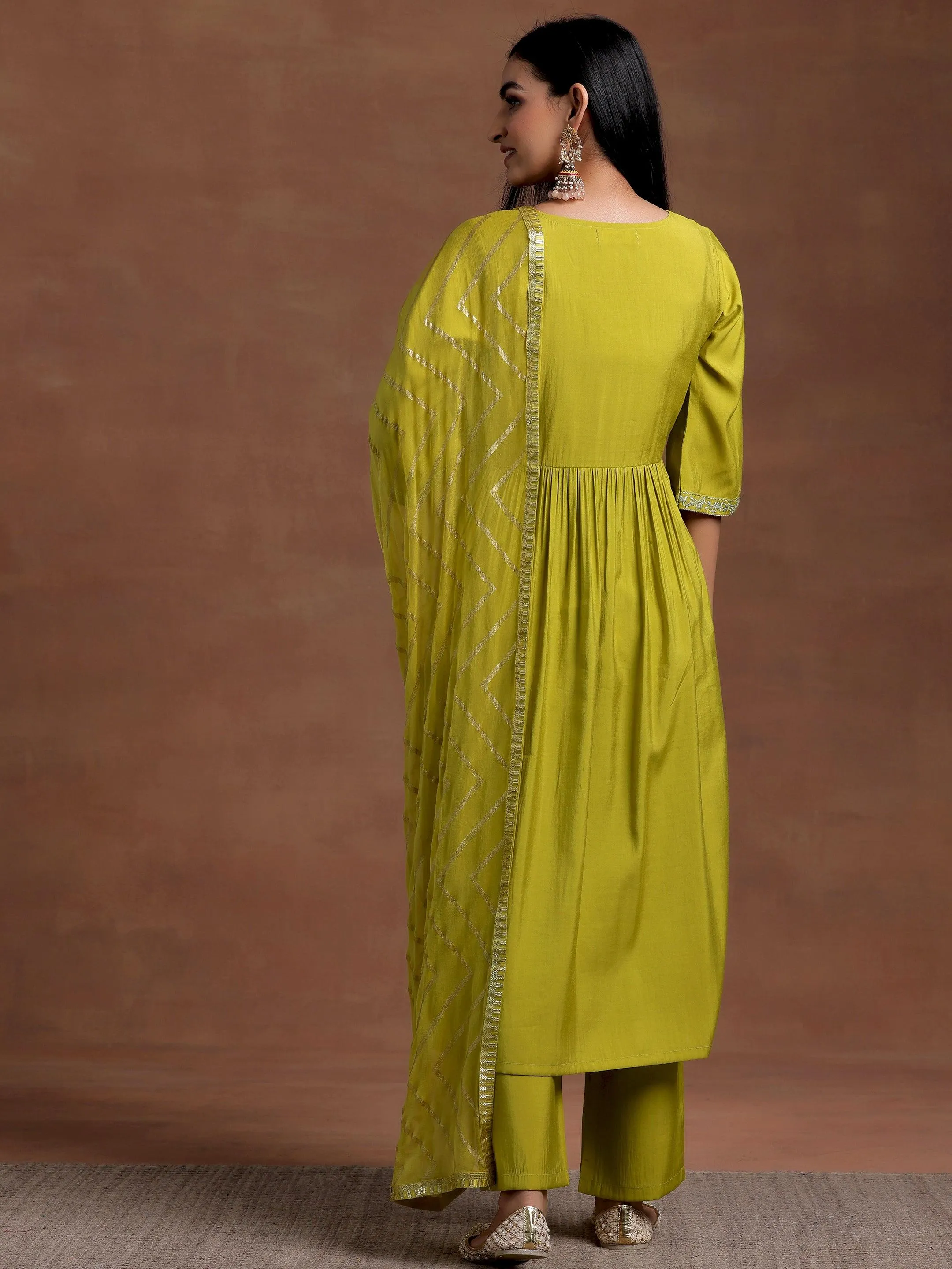 Olive Solid Silk Blend A-Line Kurta With Trousers & Dupatta