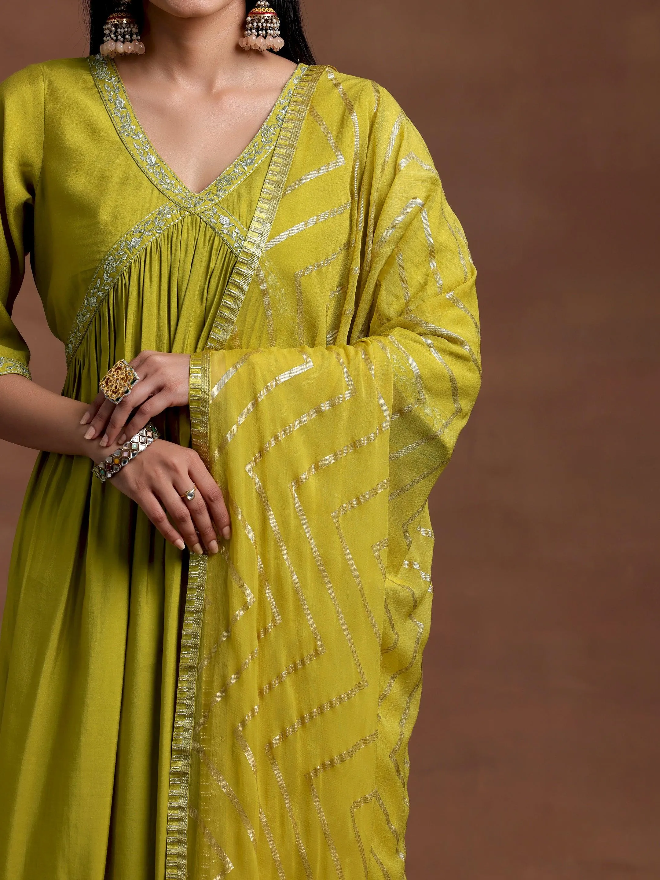 Olive Solid Silk Blend A-Line Kurta With Trousers & Dupatta