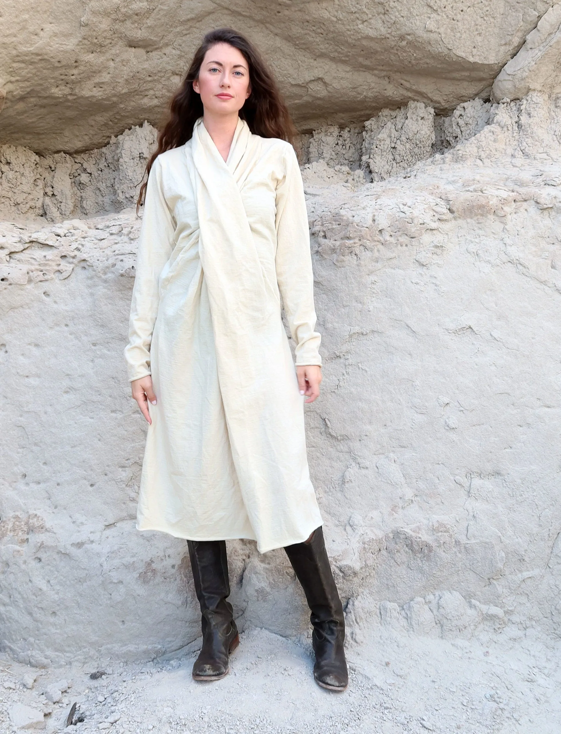 ORGANIC WOOL Shawl Collar Pencil Below Knee Dress