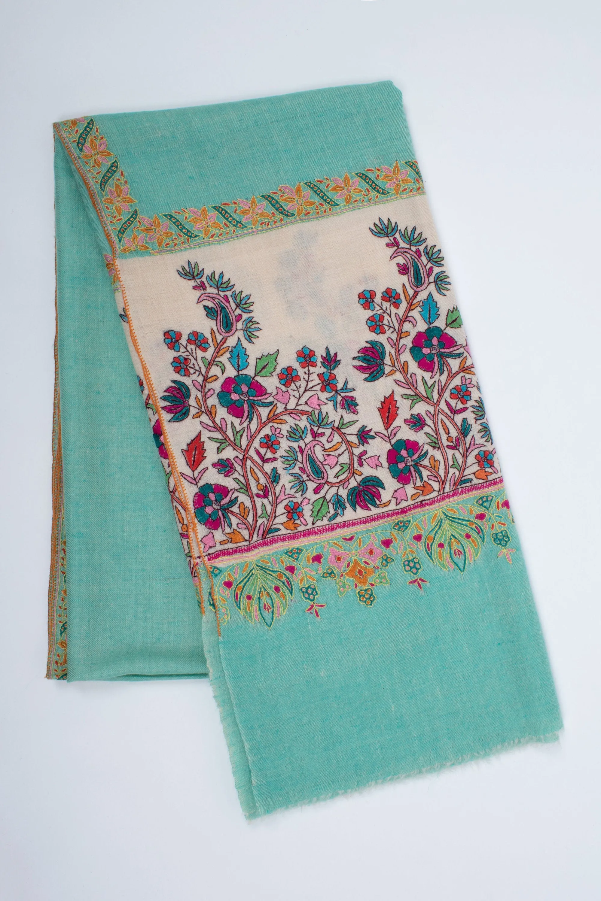 Palla Cashmere Shawls, Green Wraps, Shawls for Wedding, Paper Mache Scarves, Kashmiri Embroideries, Happy Shawls, 40x80" - CLEMSFORD