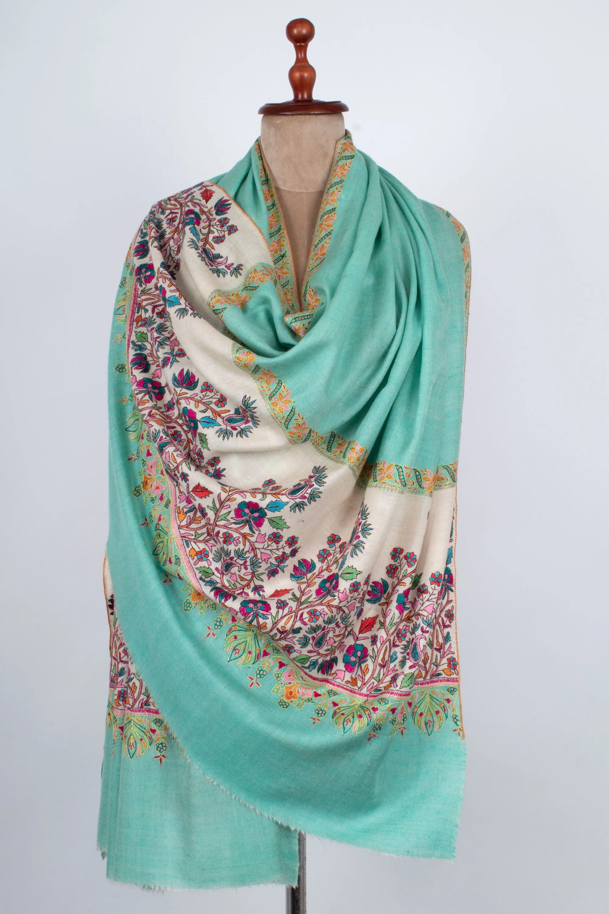 Palla Cashmere Shawls, Green Wraps, Shawls for Wedding, Paper Mache Scarves, Kashmiri Embroideries, Happy Shawls, 40x80" - CLEMSFORD