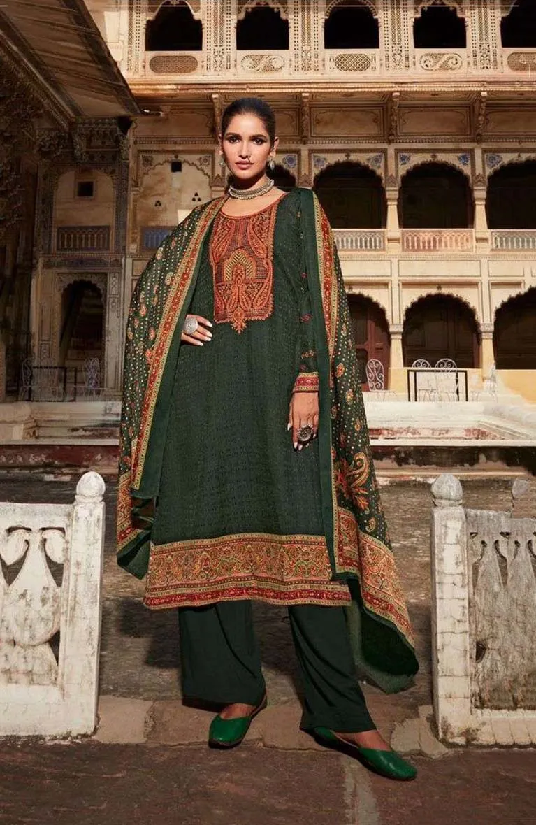 Pashmina Unstitched Dark Olive Green Winter Suits With Embroidery