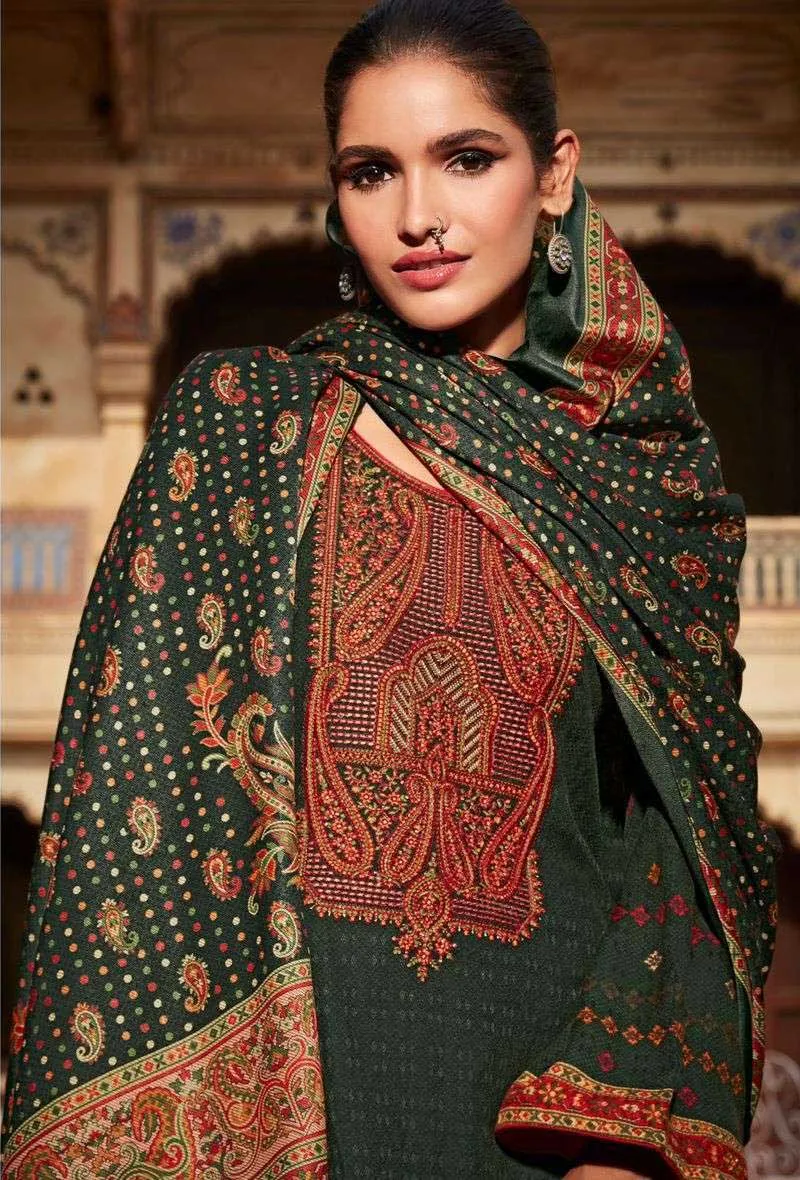 Pashmina Unstitched Dark Olive Green Winter Suits With Embroidery