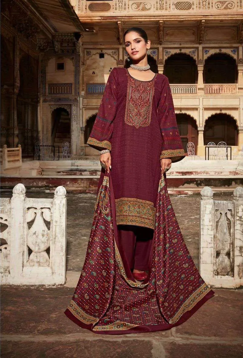 Pashmina Unstitched Maroon Winter Suits With Embroidery