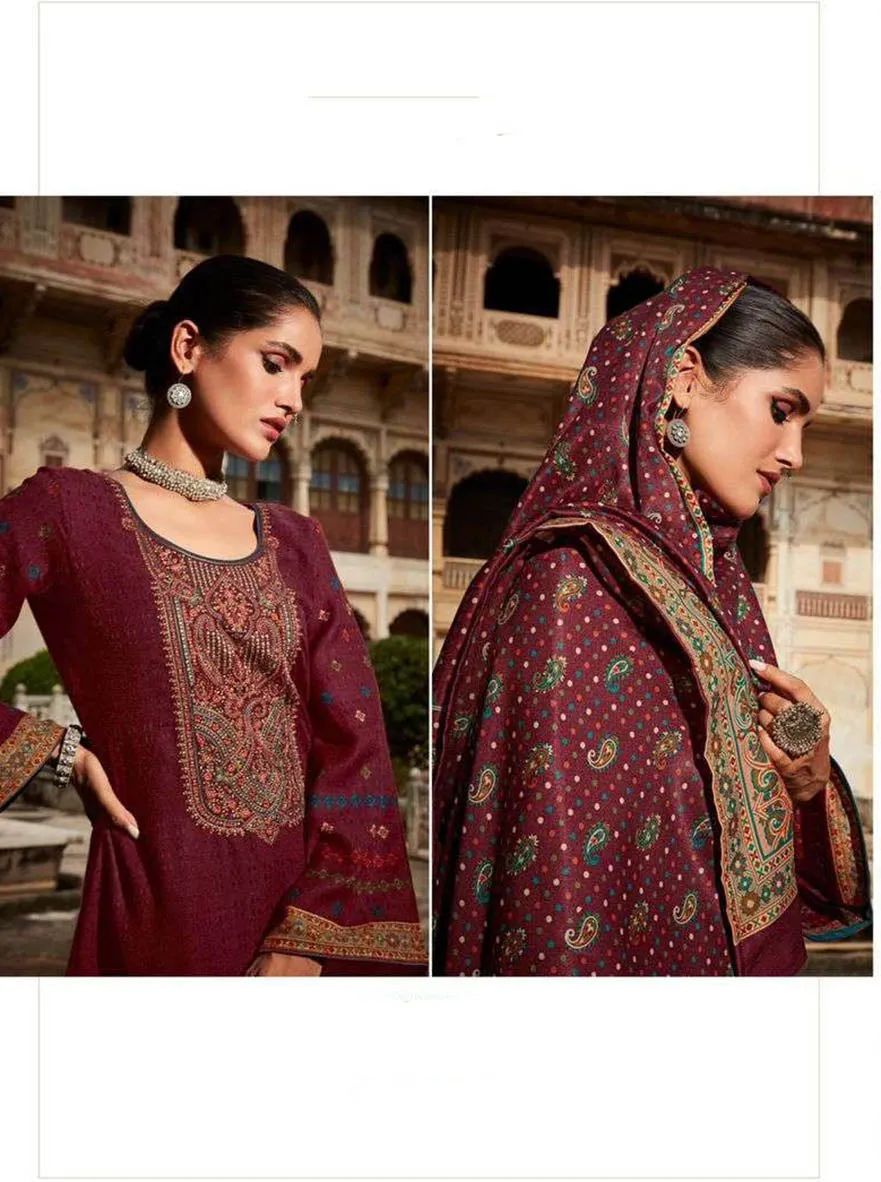 Pashmina Unstitched Maroon Winter Suits With Embroidery