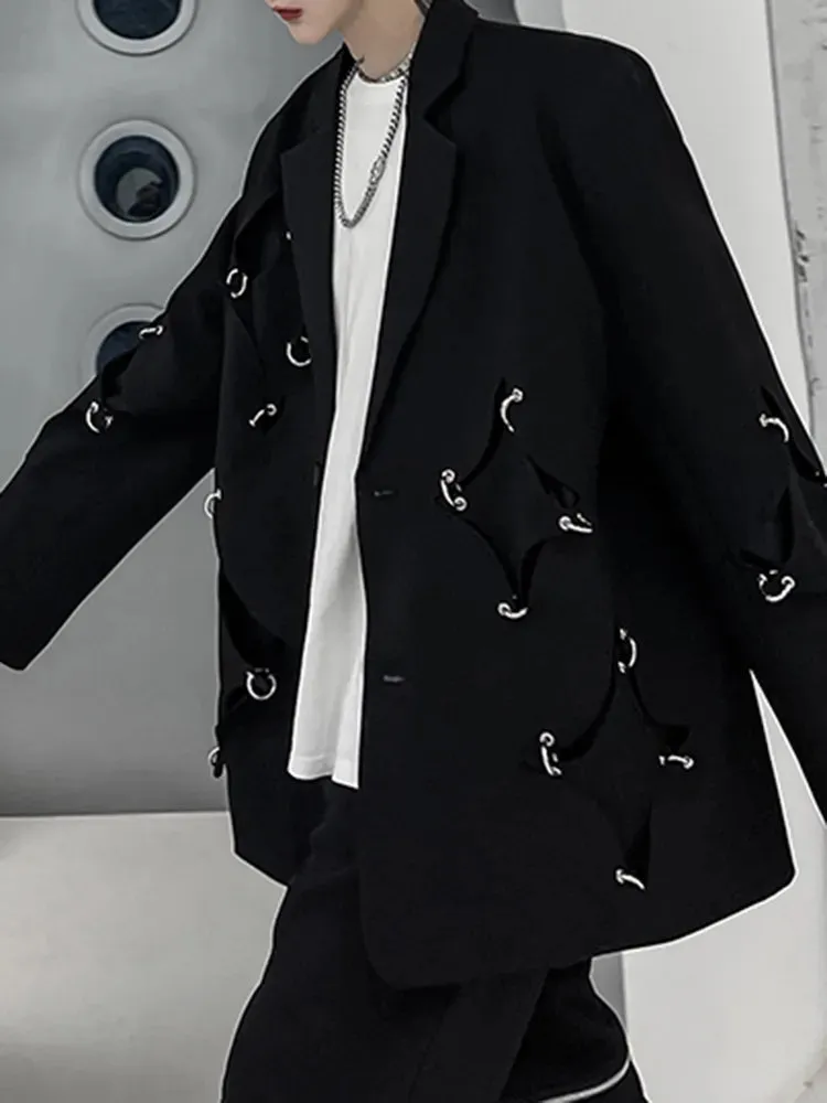 Patchwork Button Blazers For Women Notched Collar Long Sleeve Spliced Metal Buckle Loose Casual Blazer Female