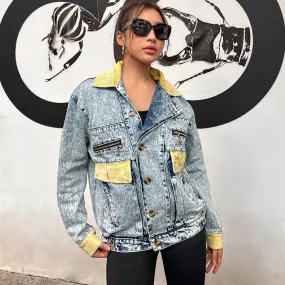 Patchwork Hit Color Denim Jacket For Women Lapel Long Sleeve Single Breasted Jackets Female Fashion Clothing Autumn