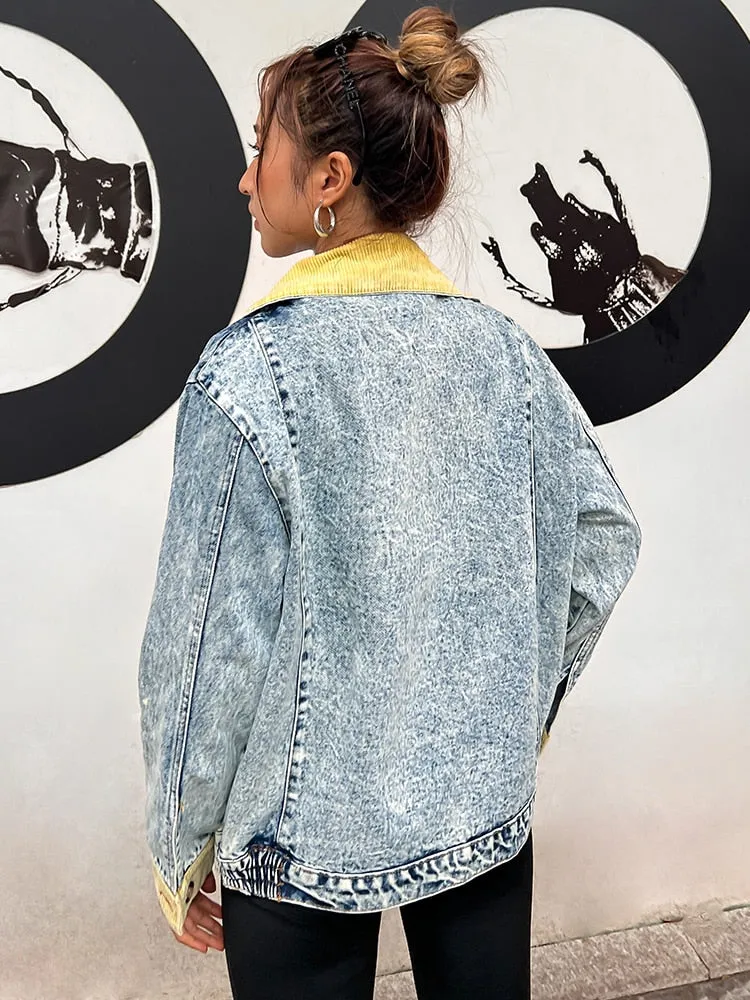 Patchwork Hit Color Denim Jacket For Women Lapel Long Sleeve Single Breasted Jackets Female Fashion Clothing Autumn