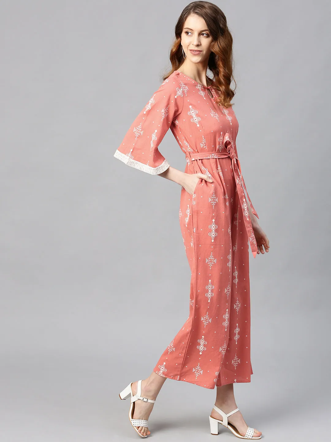 Peach Cotton Flex Printed Jumpsuit