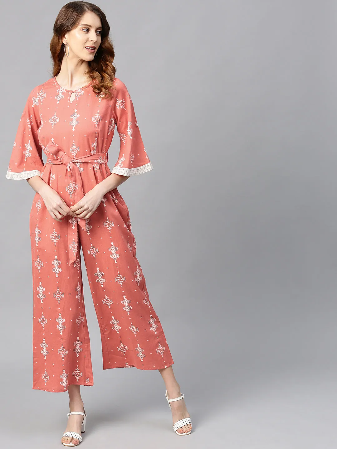 Peach Cotton Flex Printed Jumpsuit