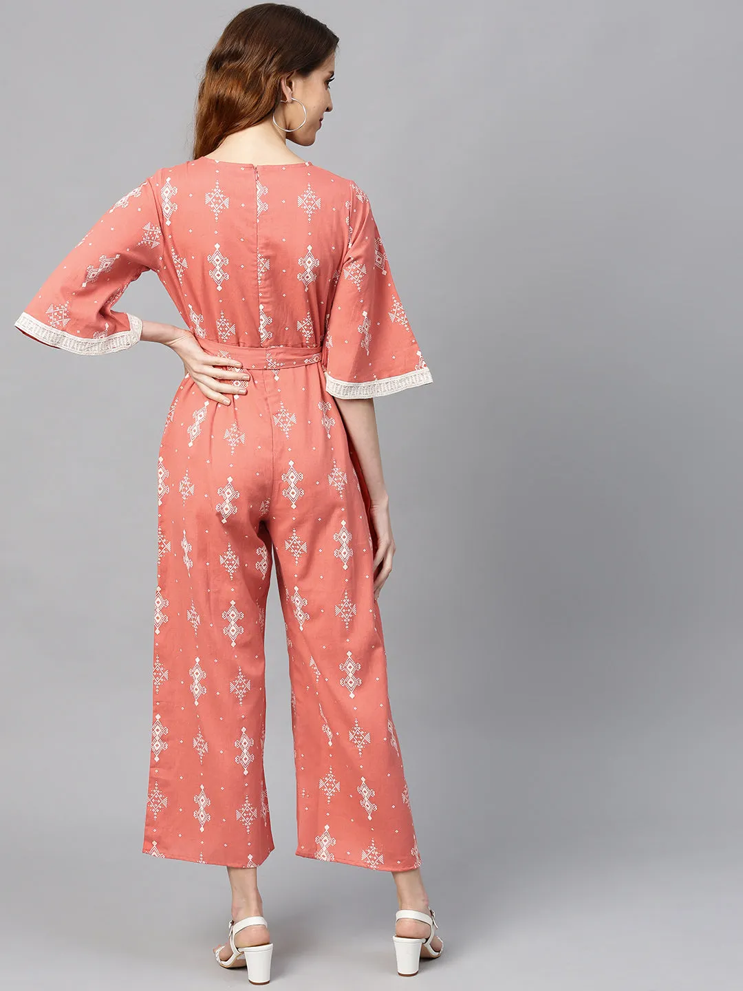 Peach Cotton Flex Printed Jumpsuit