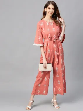 Peach Cotton Flex Printed Jumpsuit