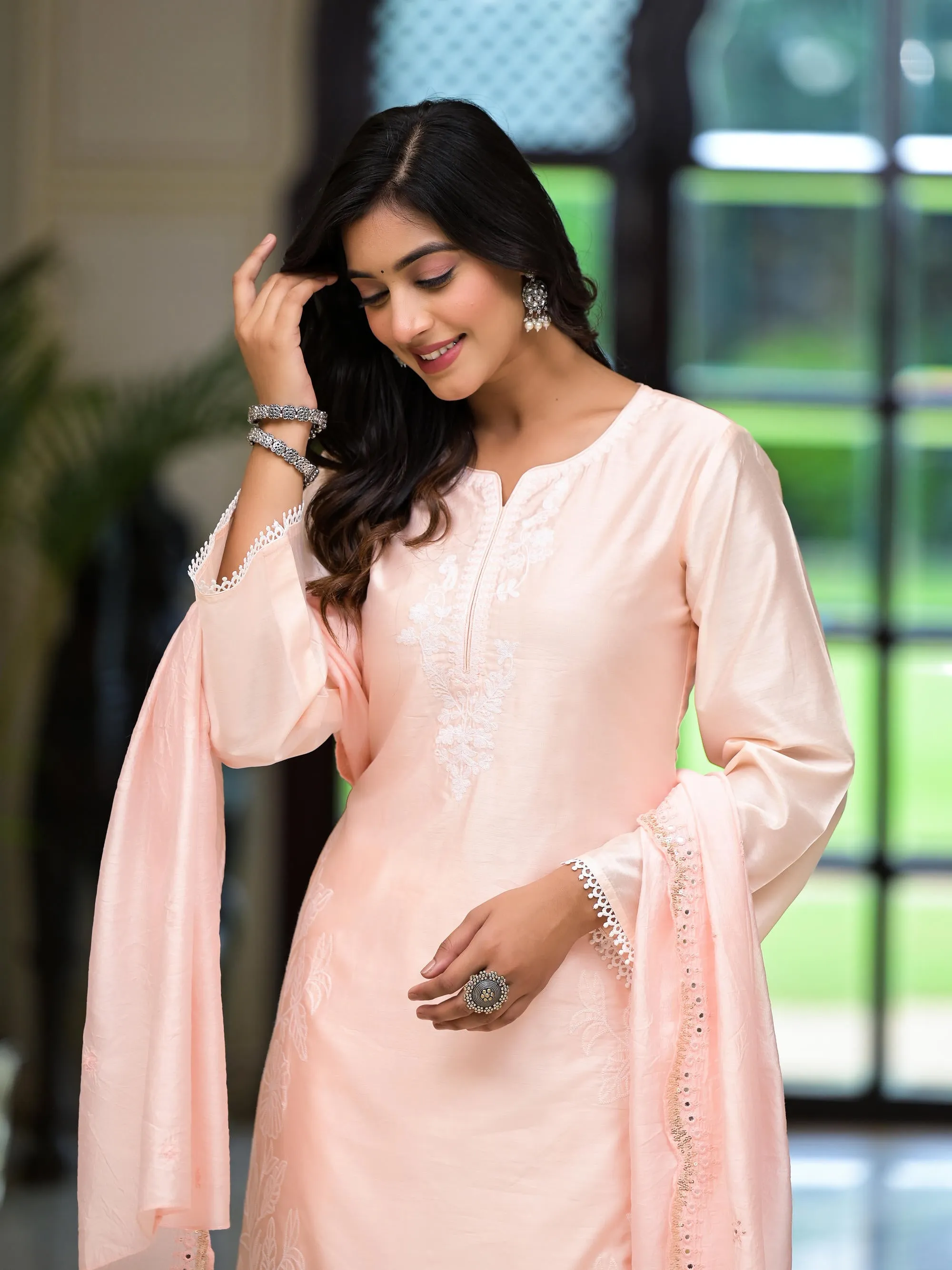 Pink Thread Embroidered Viscose Kurta Palazzo And Dupatta Set With Thread & Mirror Work