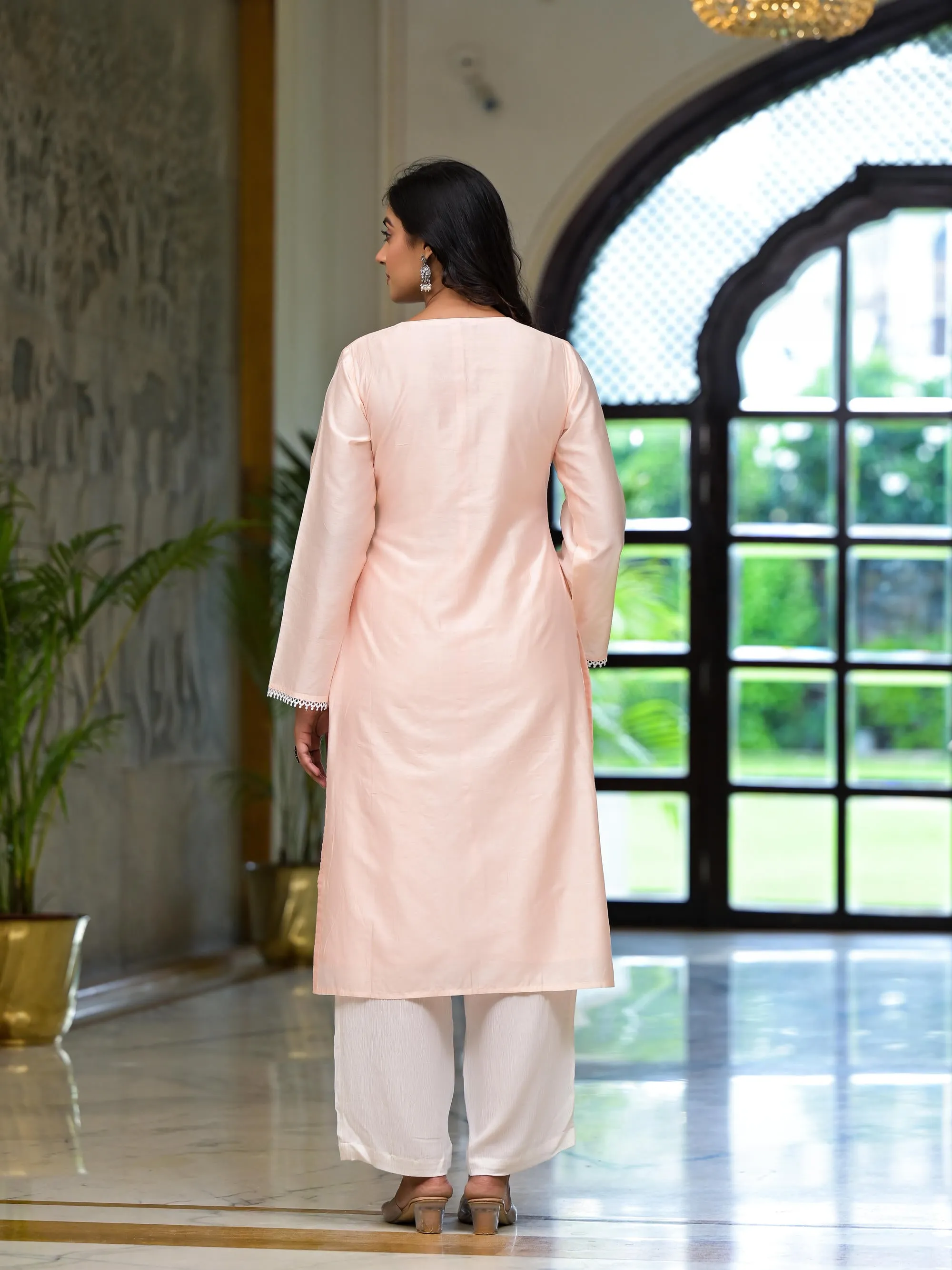 Pink Thread Embroidered Viscose Kurta Palazzo And Dupatta Set With Thread & Mirror Work