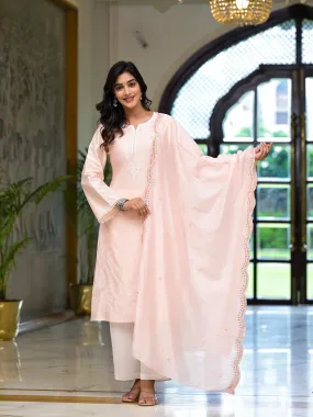 Pink Thread Embroidered Viscose Kurta Palazzo And Dupatta Set With Thread & Mirror Work