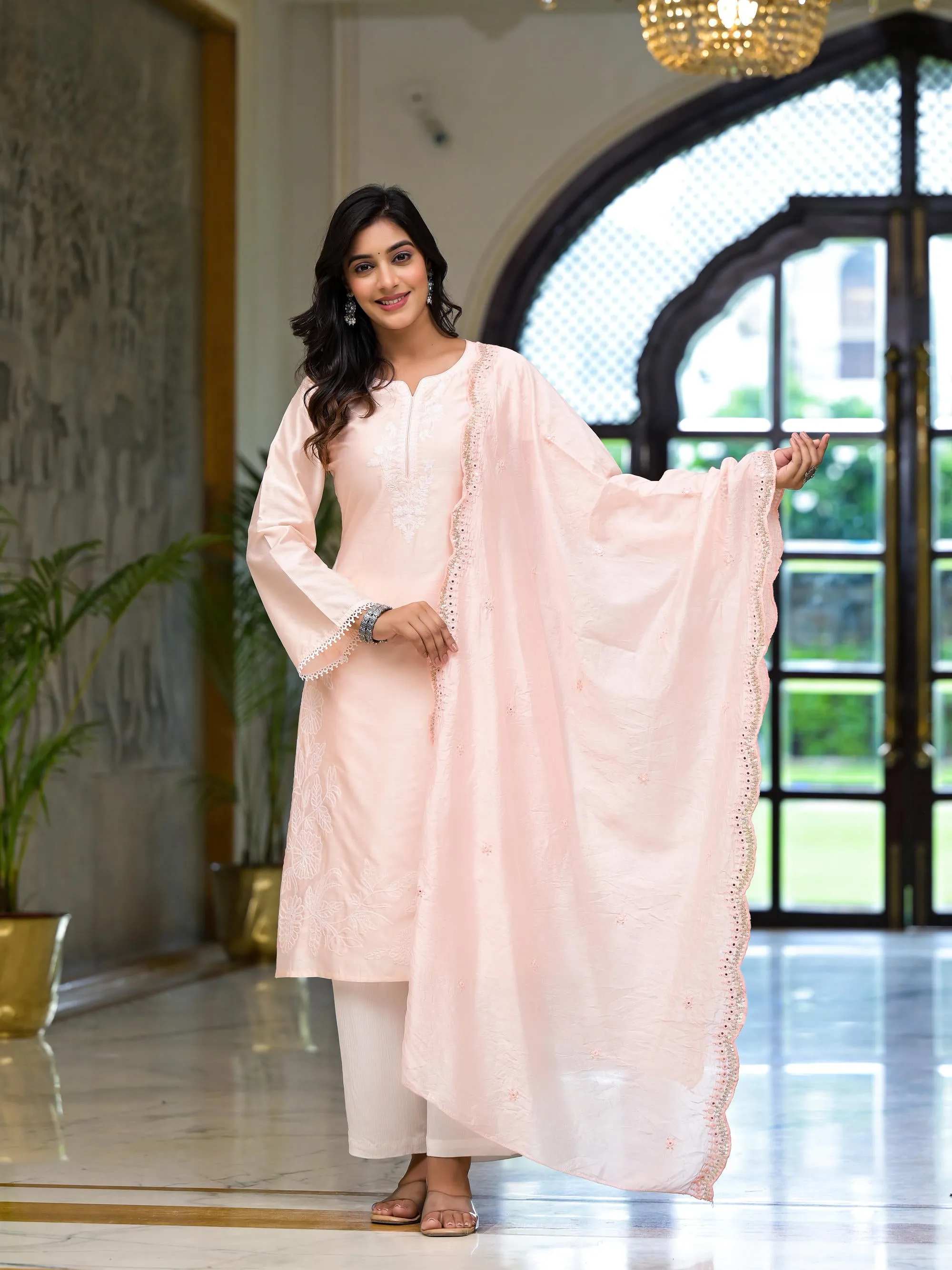 Pink Thread Embroidered Viscose Kurta Palazzo And Dupatta Set With Thread & Mirror Work