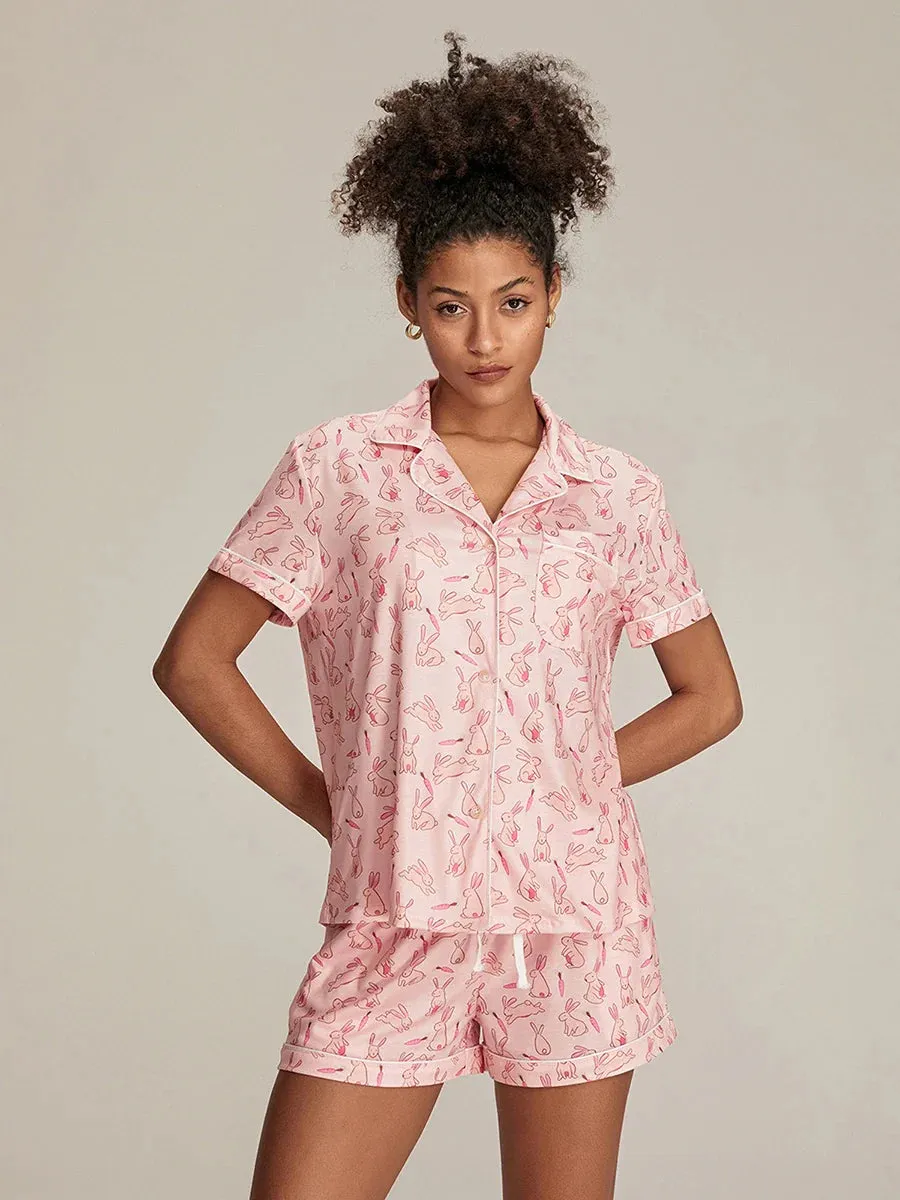 Print Button T-Shirt Elastic Shorts Soft Loungewear Nightwear Bunny Pajamas