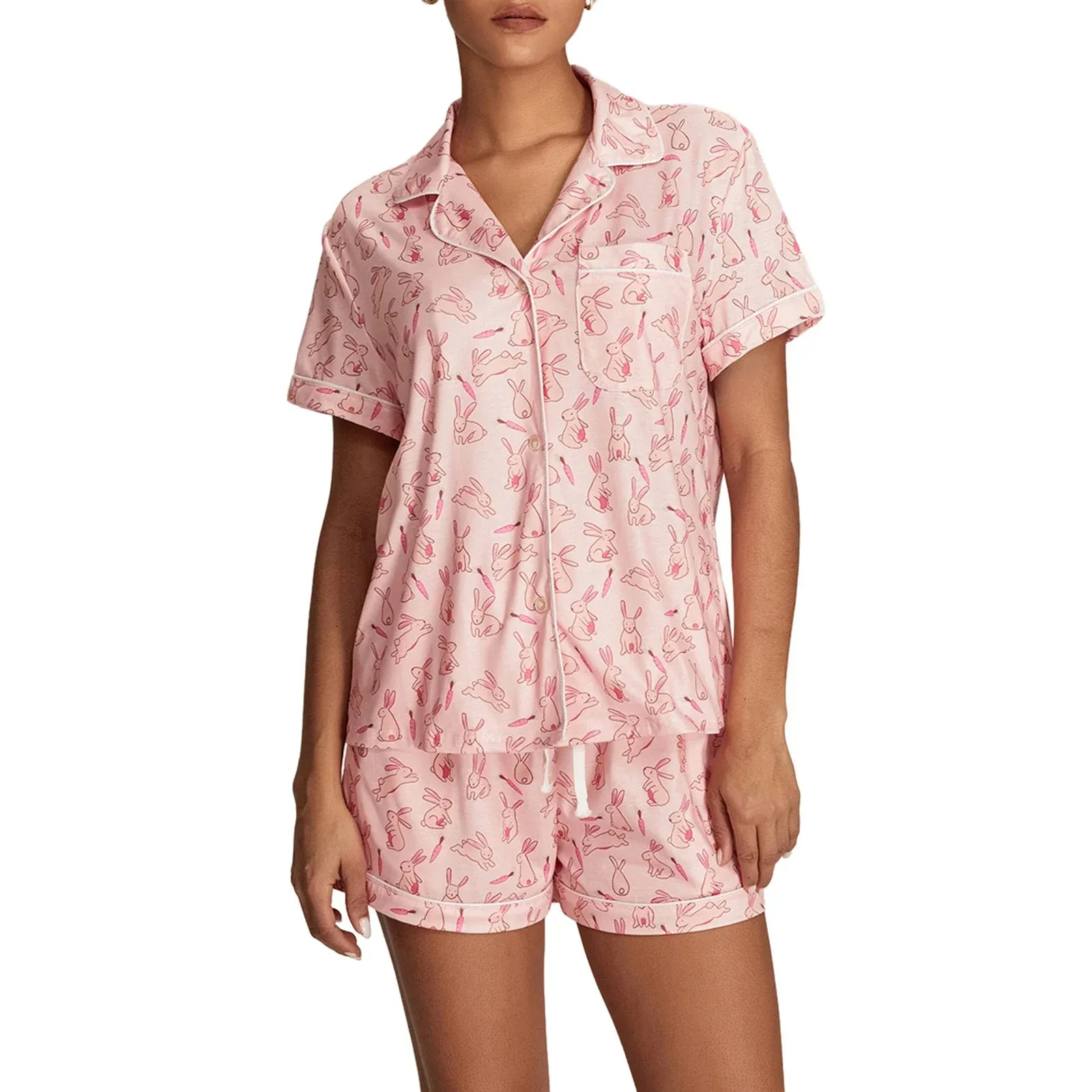 Print Button T-Shirt Elastic Shorts Soft Loungewear Nightwear Bunny Pajamas