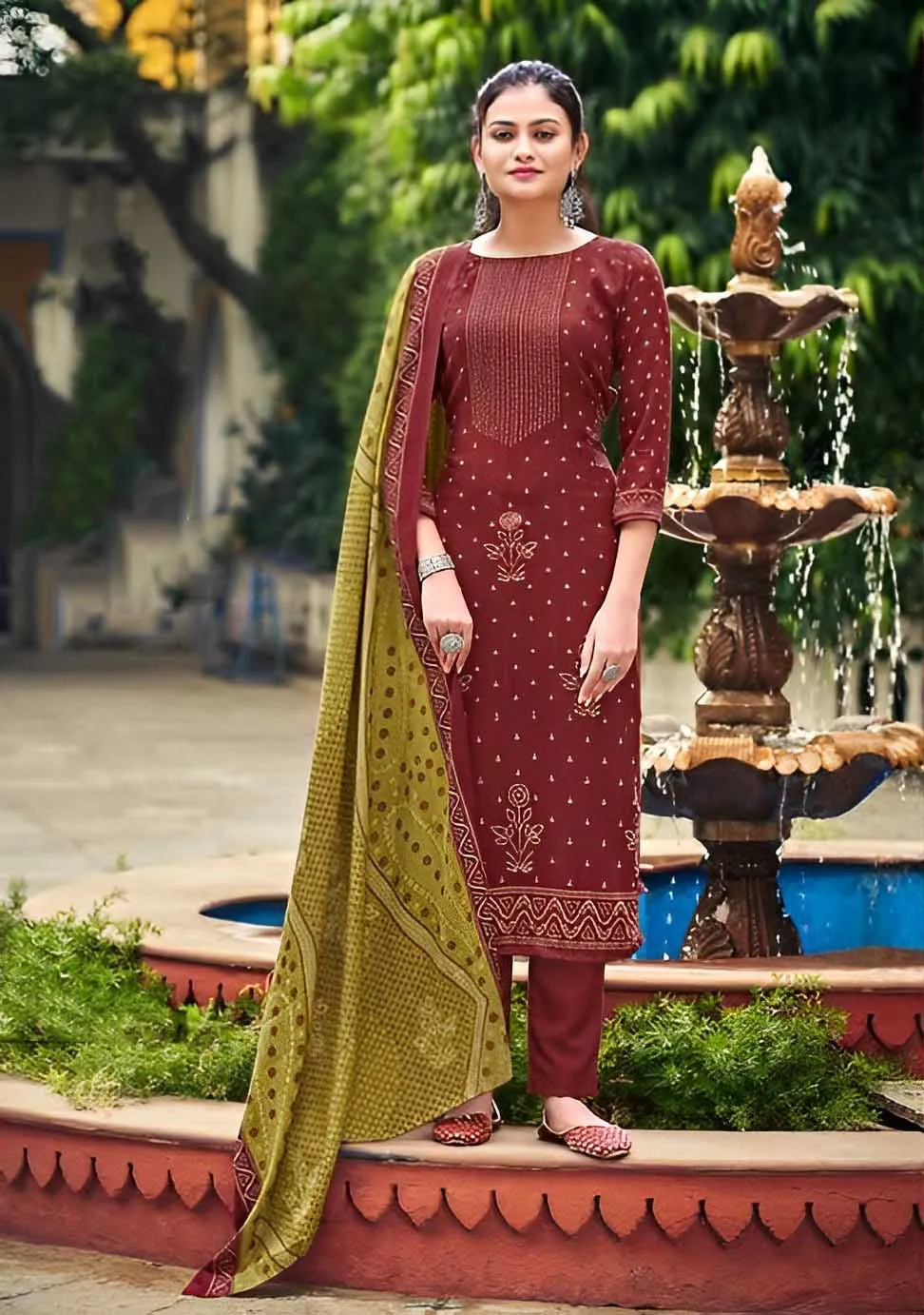 Printed Maroon Pashmina Unstitched Winter Suits Set