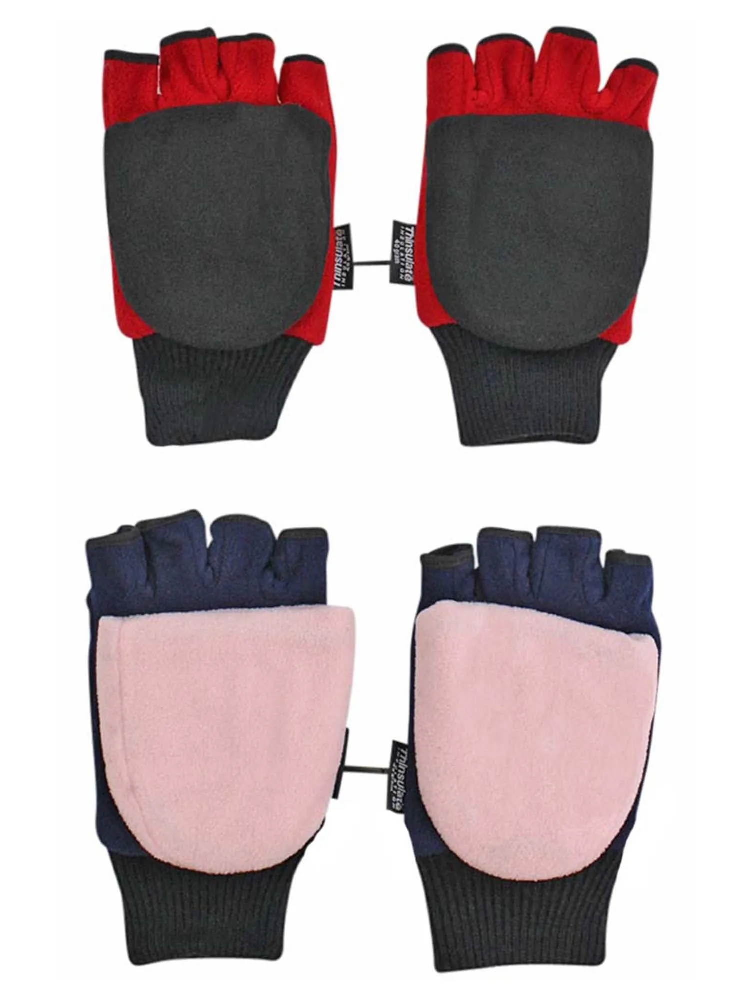 Red Black & Blue Pink 2-Pack Mens Fingerless Gloves With Mitten Cover