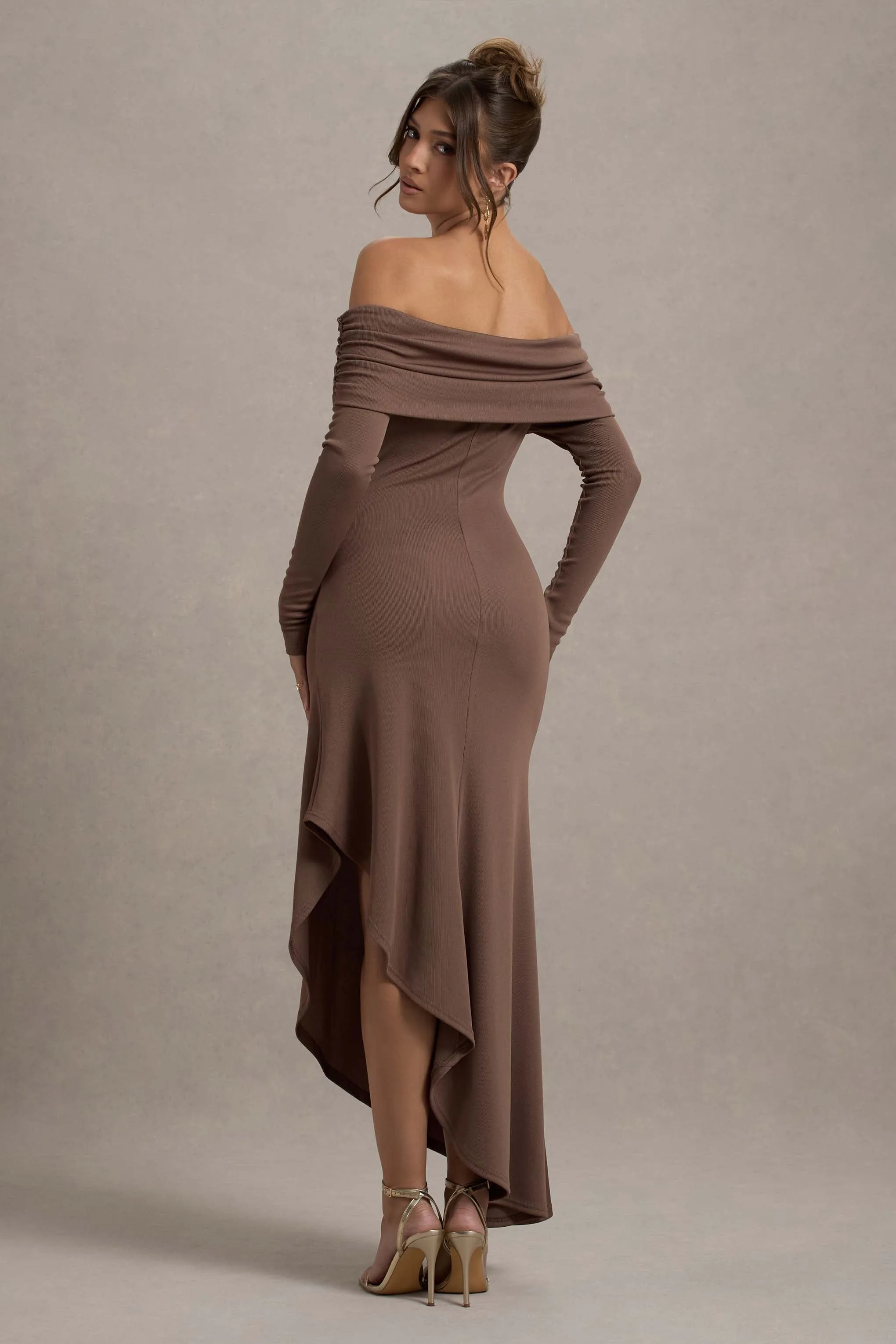 Romina | Mocha Rib Knit Bardot Maxi Dress With Asymmetric Hem