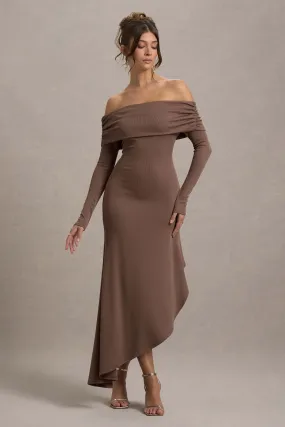 Romina | Mocha Rib Knit Bardot Maxi Dress With Asymmetric Hem