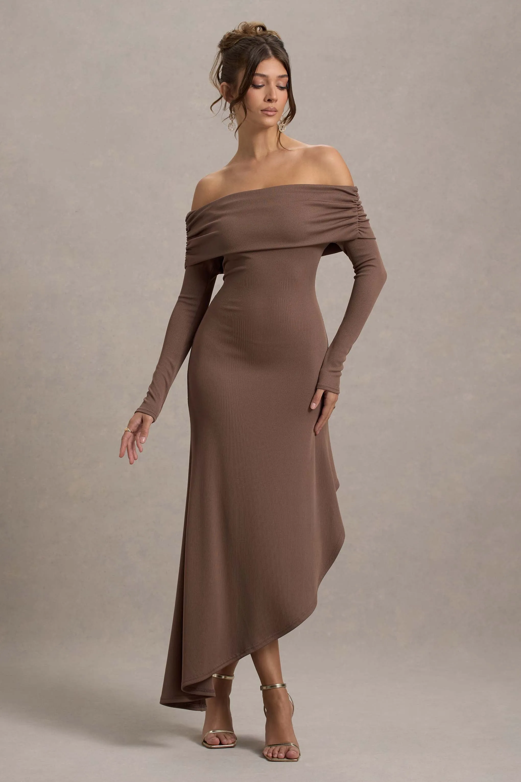 Romina | Mocha Rib Knit Bardot Maxi Dress With Asymmetric Hem