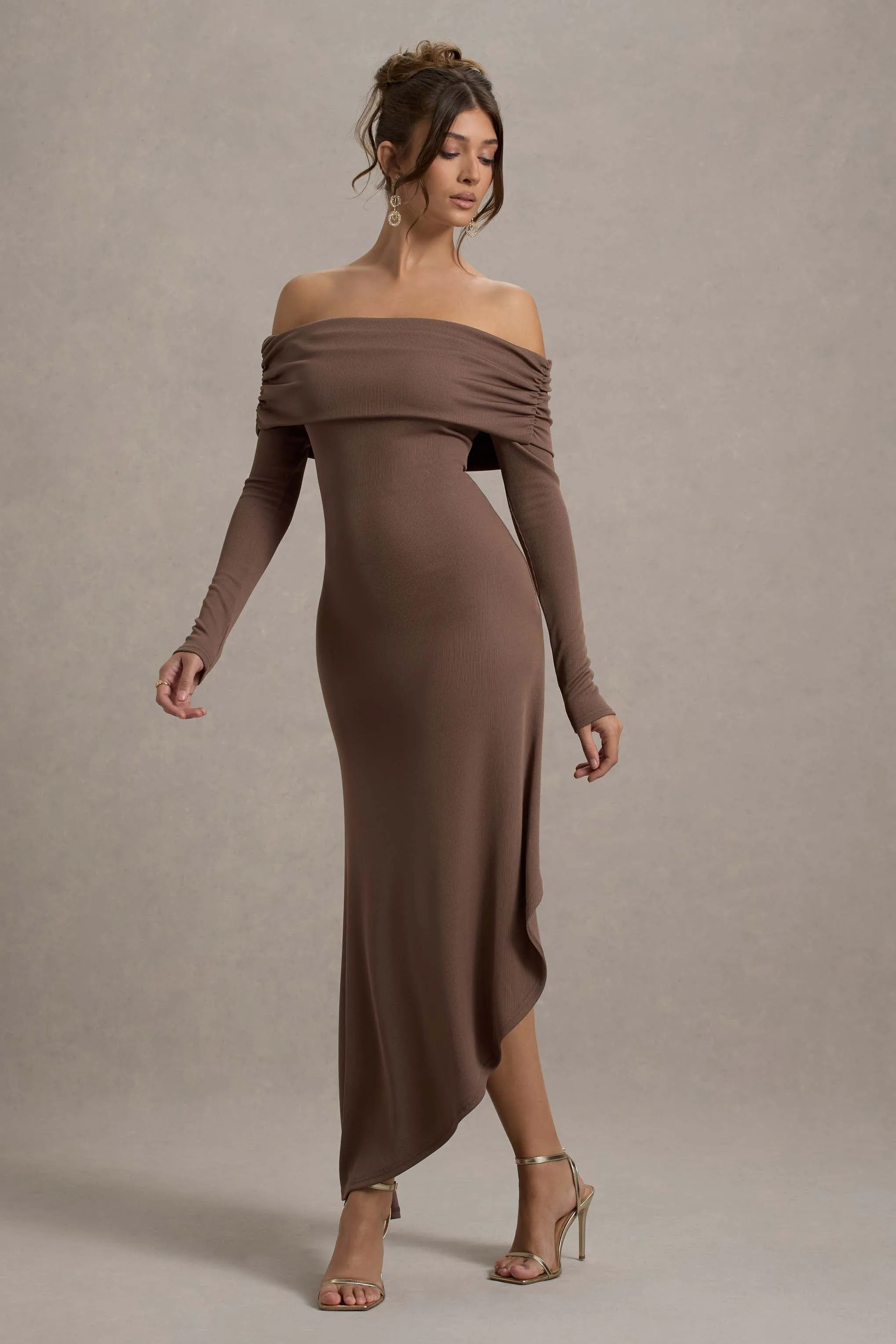 Romina | Mocha Rib Knit Bardot Maxi Dress With Asymmetric Hem