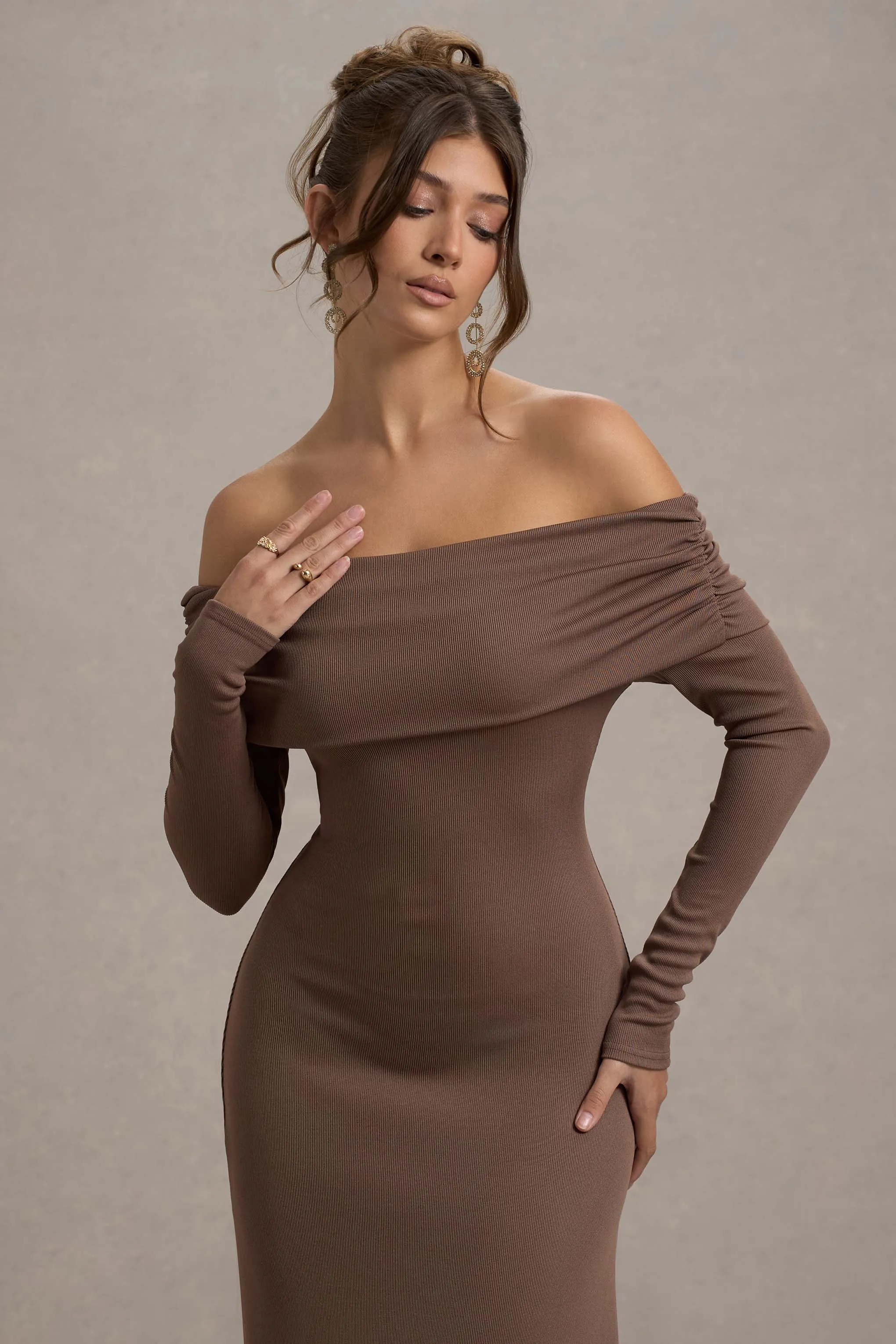 Romina | Mocha Rib Knit Bardot Maxi Dress With Asymmetric Hem