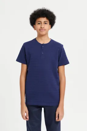 Senior Boys Navy Jacquard Henley T-Shirt