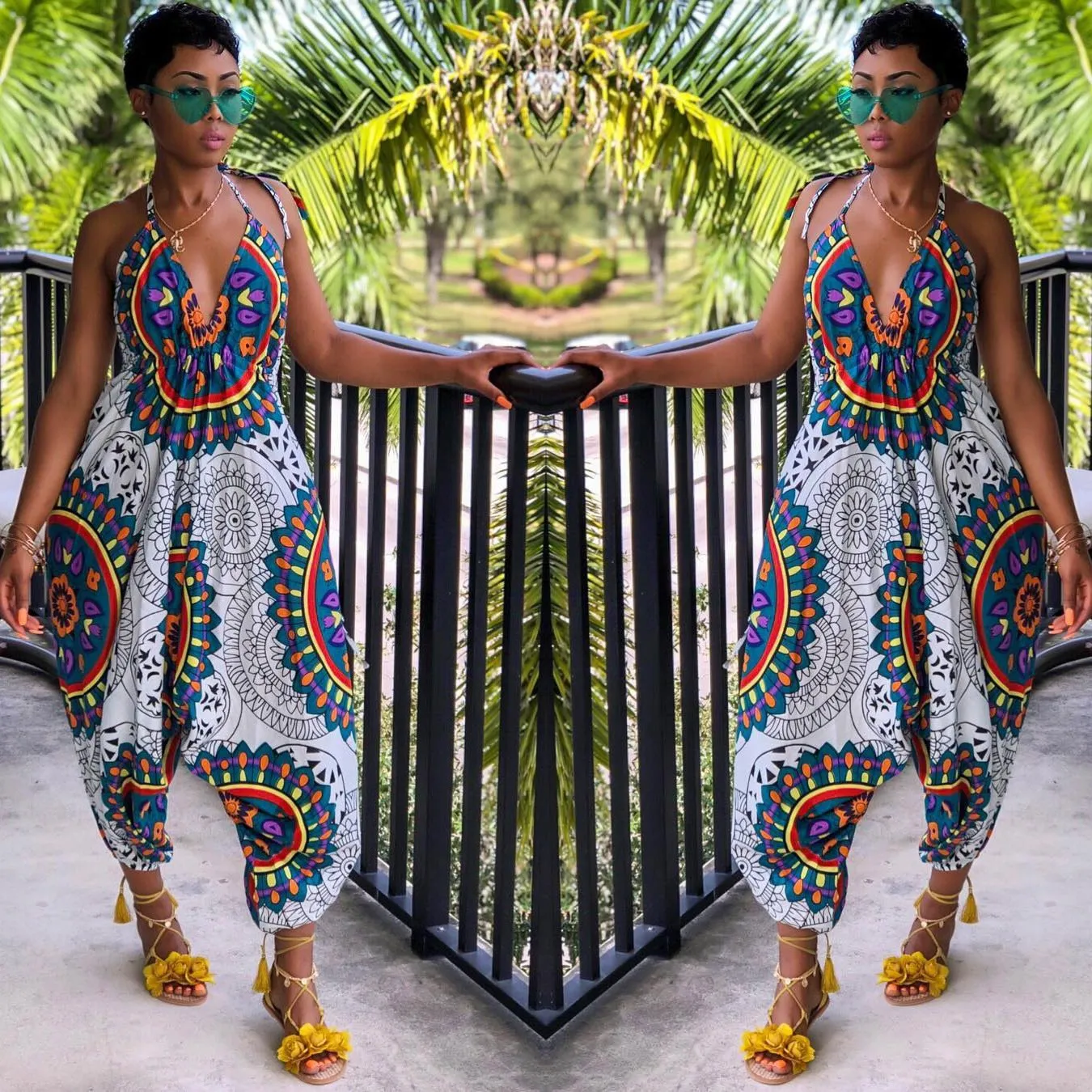 Sexy Totem Print Wide Leg Jumpsuit