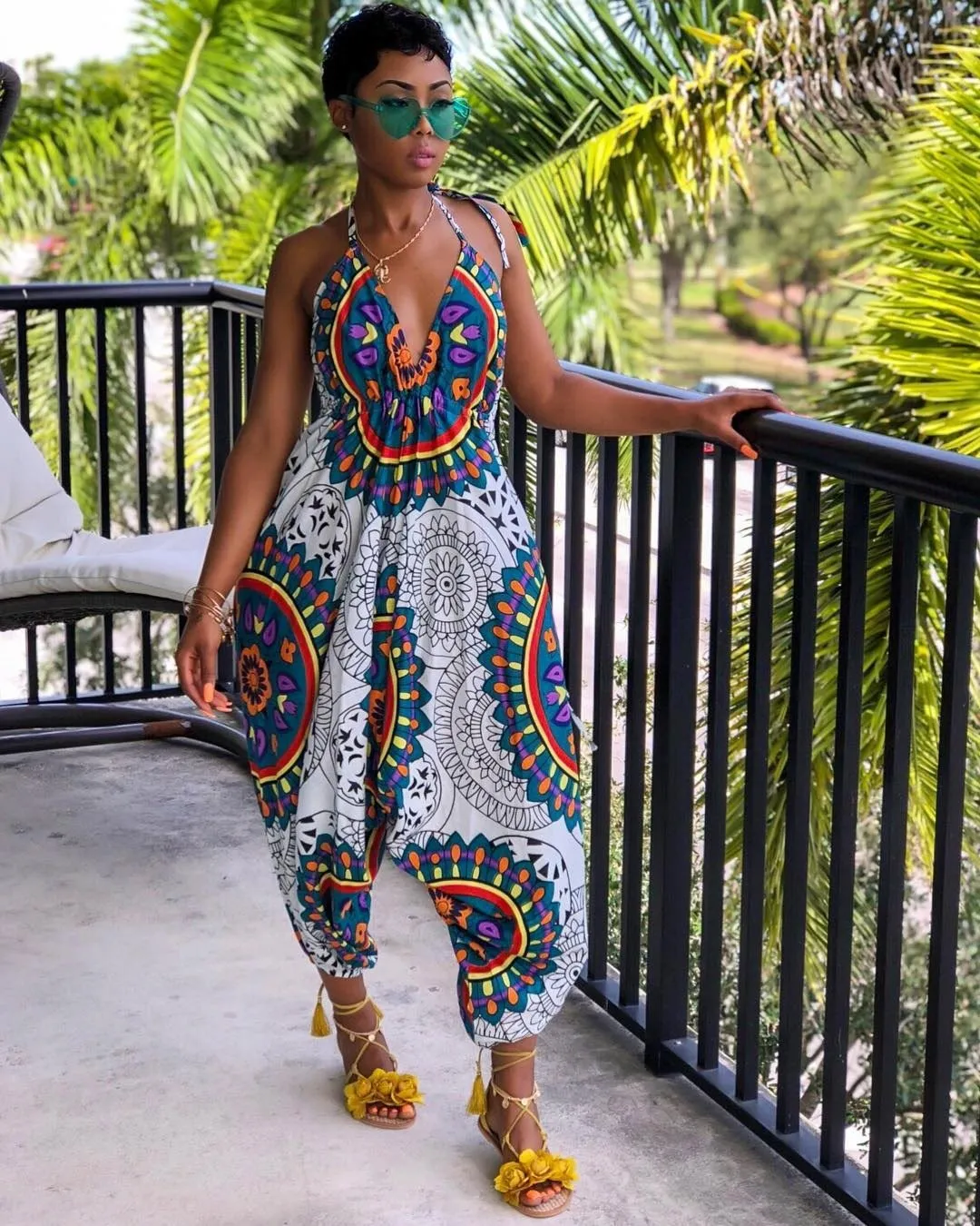 Sexy Totem Print Wide Leg Jumpsuit