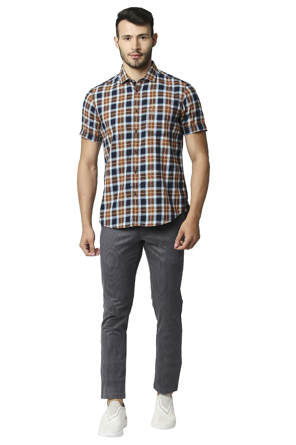 Slim Fit Brushed Twill Checks Halfsleeves Shirt