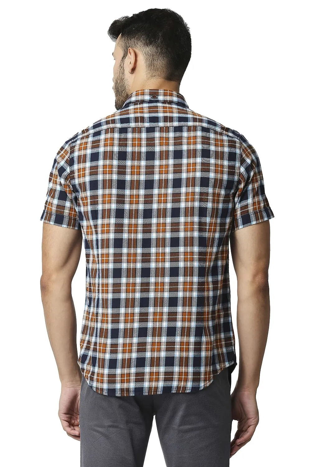 Slim Fit Brushed Twill Checks Halfsleeves Shirt