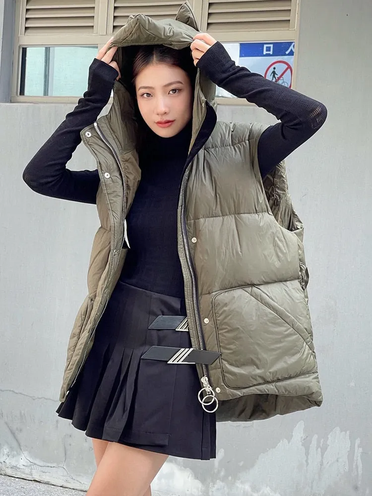 Solid Casual Vest Coat For Women Hooded Collar Sleeveless Solid Sashes Single Breasted Vests Female Clothing Winter