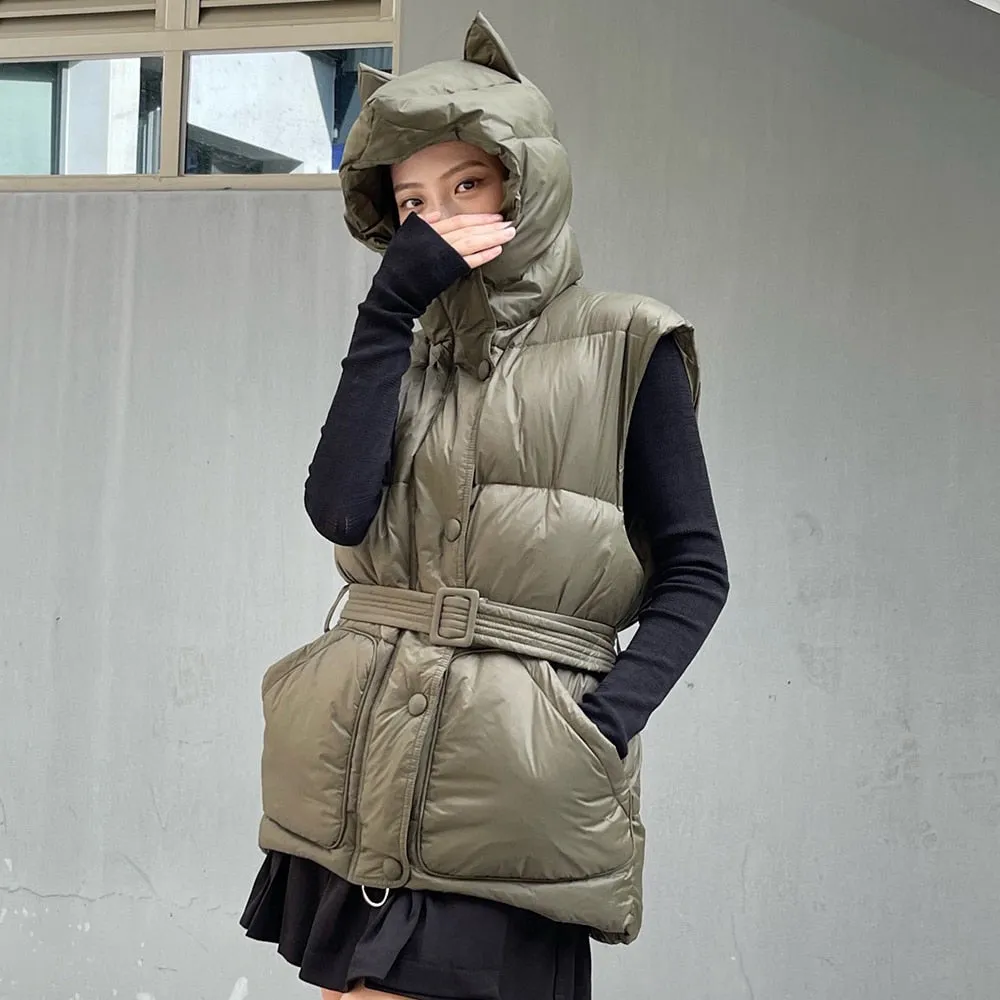 Solid Casual Vest Coat For Women Hooded Collar Sleeveless Solid Sashes Single Breasted Vests Female Clothing Winter