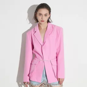 Solid Patchwork Pearls Lace Up Casual Blazers For Women Notched Collar Long Sleeve Spliced Pocket Blazer Female