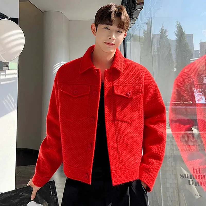 Spring Korean Fashion Thickened Designer Short Knitted Male Jacket Men Coat Solid Color Single Breasted 9A6819