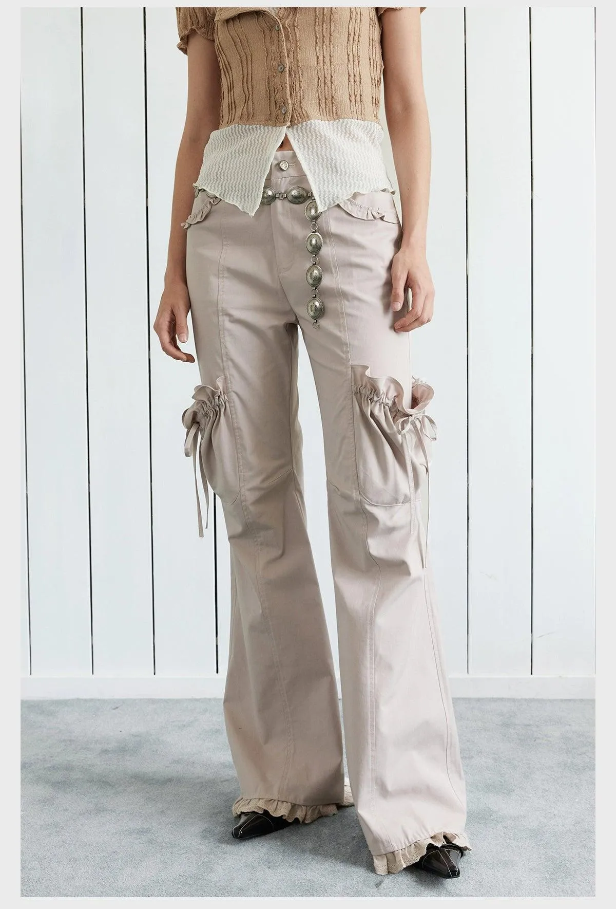 Strike A Pose Women'S Boho Cargo Pants - Wide Leg Drawstring Pocket Trousers With Decorative Belt