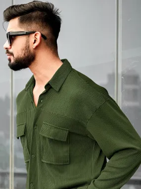 Stripe Textured Olive Full Sleeve Shirt