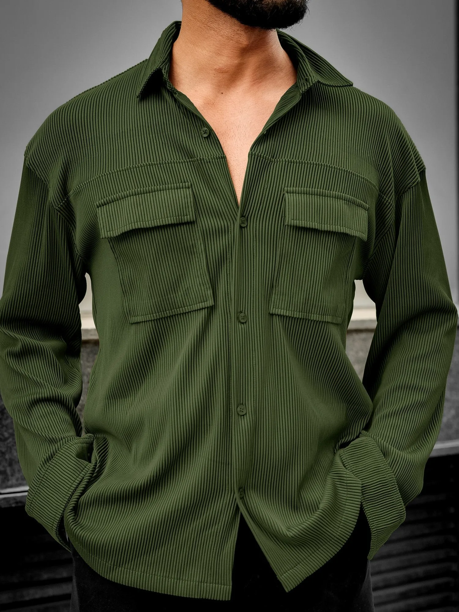 Stripe Textured Olive Full Sleeve Shirt