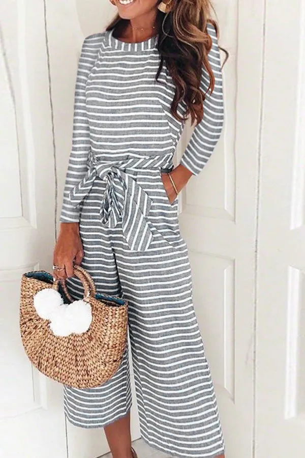 Striped Round Neck Lace-up Jumpsuit