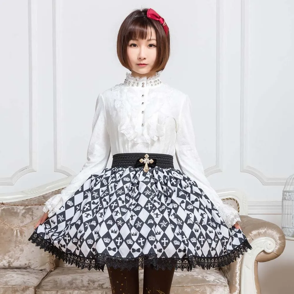 Sweet Mori Girl Black and White Diamond Checkered Short Skirt for Summer