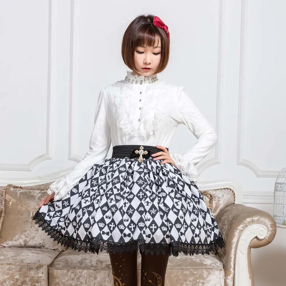 Sweet Mori Girl Black and White Diamond Checkered Short Skirt for Summer