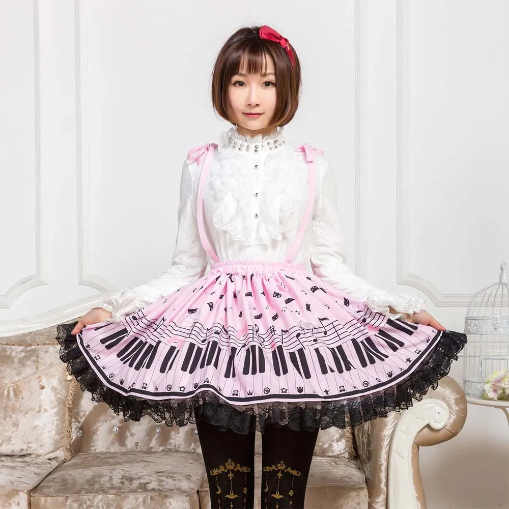 Sweet Mori Girl Pink/Sky Blue Music Note Printed Short Suspender Skirt for Summer