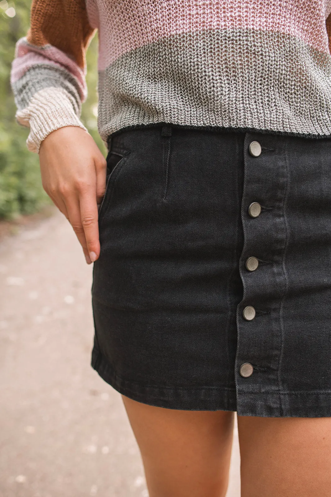 The Addy Washed Black Denim Skirt by Saltwater Luxe