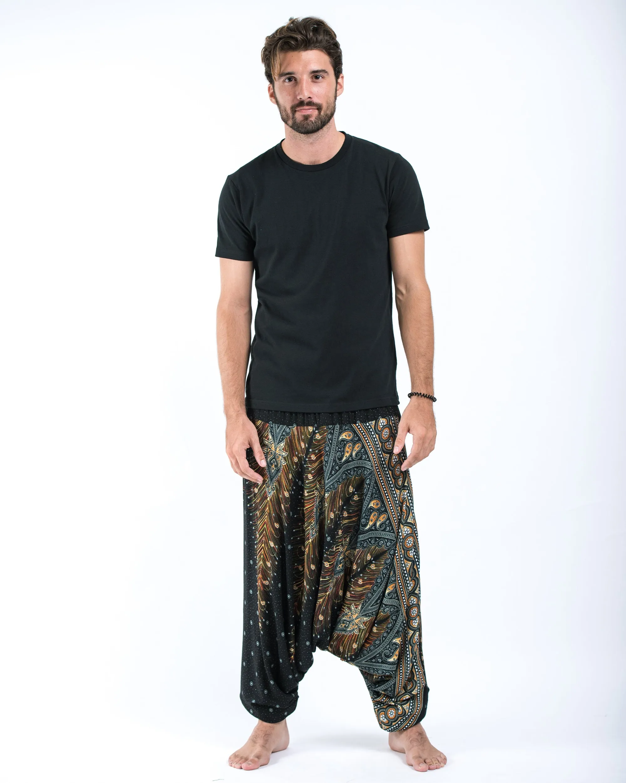 Unisex Peacock Feathers Drop Crotch Jumpsuit Harem Pants in Black