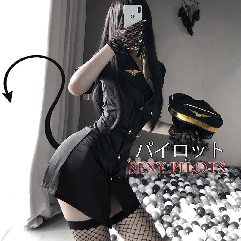 VenusFox Female Police Officer Uniform Deep V Neck Dress Sexy Lingerie Night Clubwear Stewardess Cosplay Clothes Maid Sailor Costumes