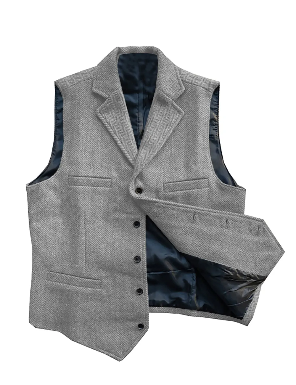 Vintage Classic Slim Tweed Herringbone Notched Lapel Waistcoat