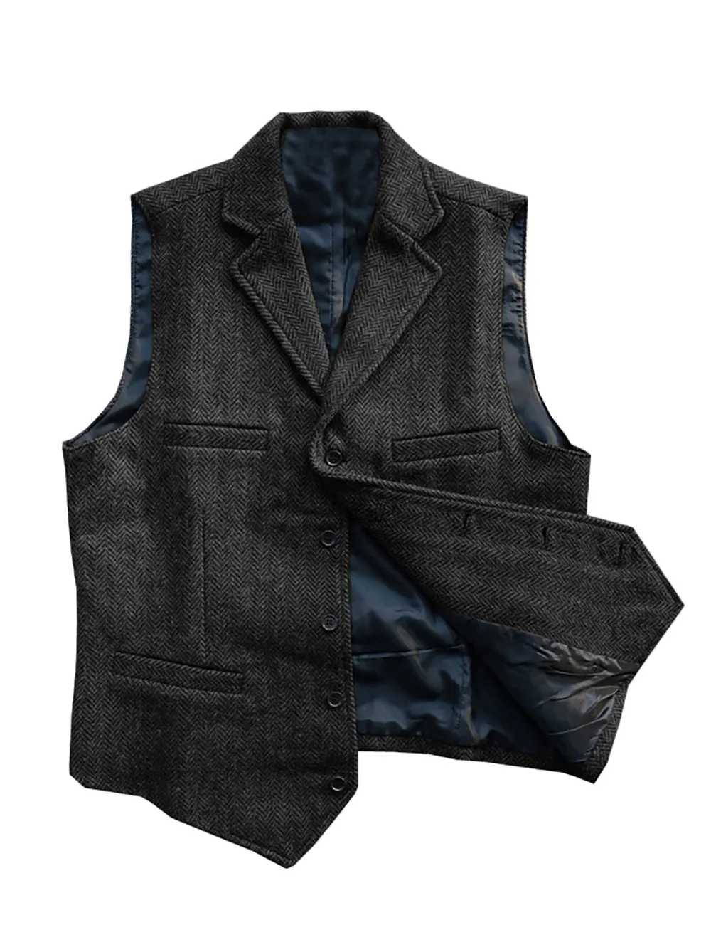 Vintage Classic Slim Tweed Herringbone Notched Lapel Waistcoat